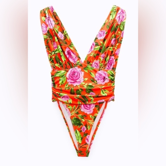 NWT ZARA Floral Bodysuit, Orange/Green, M - Picture 1 of 3